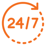 Orange 24/7 clock icon indicating continuous availability or service.