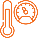 Icon of a thermometer next to a gauge, both in orange, indicating measurement tools for temperature and pressure.