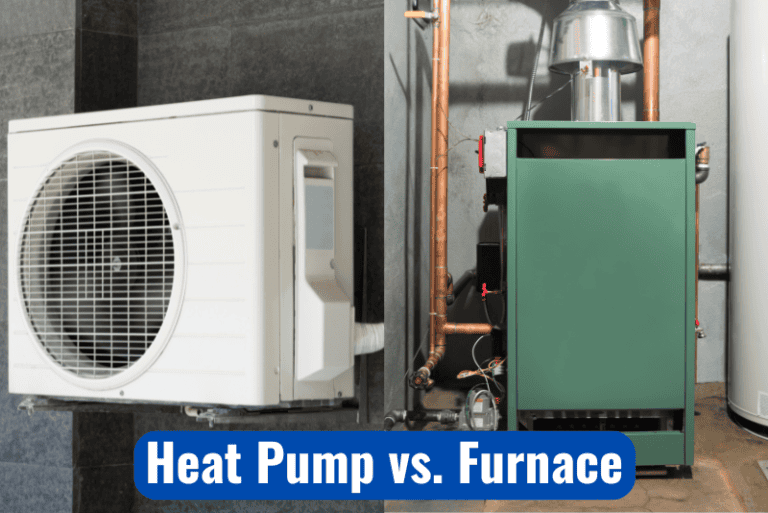 Side-by-side view of a heat pump unit mounted on a wall and a green furnace unit indoors, with the text "Heat Pump vs. Furnace" at the bottom.