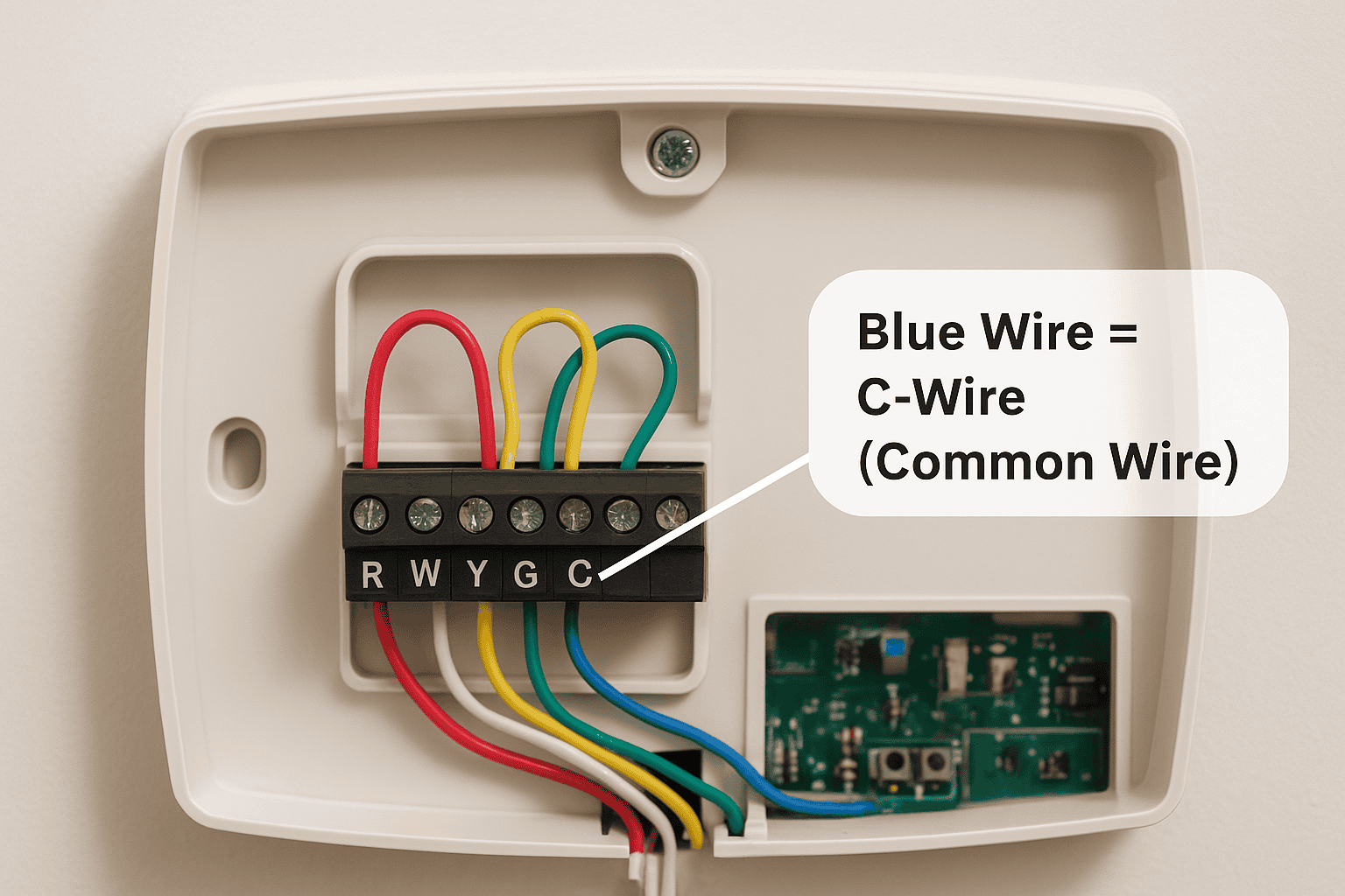 Thermostat wiring with labeled terminals; the blue wire is connected to the terminal marked "C" for common wire.