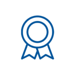 Blue outline icon of a circular award ribbon with two tails at the bottom, on a white background.