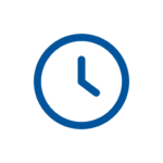 Blue clock icon with hour hand pointing at 10 and minute hand pointing at 2, on a white background.