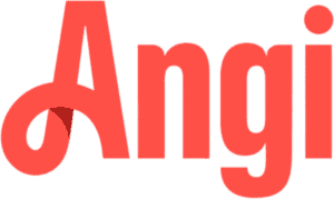 Red "Angi" logo with a stylized capital "A" featuring a looped tail, set against a light gray background.