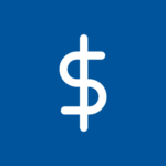 A white dollar sign combined with a vertical line, centered on a blue background.