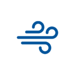 Blue icon on a white background depicting two horizontal lines with curved swirls, representing wind or air movement.