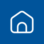 White house-shaped outline with a rounded door on a solid blue background.