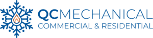 QC Mechanical logo with a blue snowflake and flame symbol on the left, and the words "QC Mechanical Commercial & Residential" in blue text on the right.