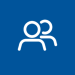 White icon of two people, one in front of the other, on a solid blue background.