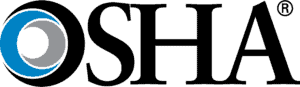 OSHA logo featuring bold black letters with a circular blue, white, and gray graphic inside the "O" and a registered trademark symbol.