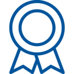 Blue outline icon of an award ribbon with two tails, symbolizing achievement or recognition.