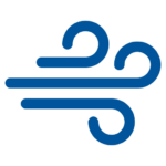 A blue icon with three curved lines and swirls, representing wind or airflow, on a light gray background.